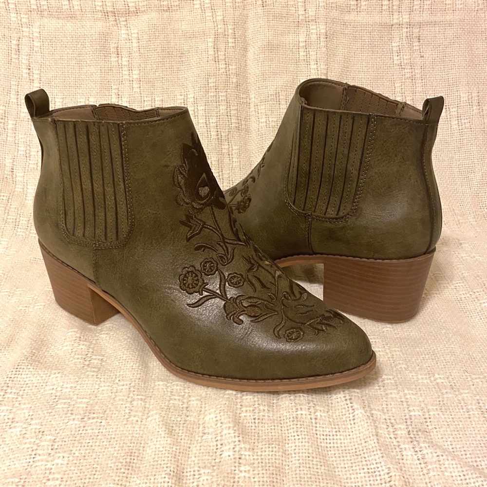Green Floral Ankle Boots Booties